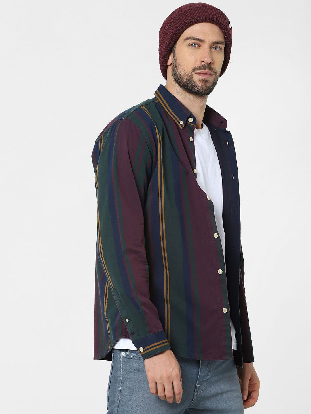Maroon Striped Full Sleeves Shirt