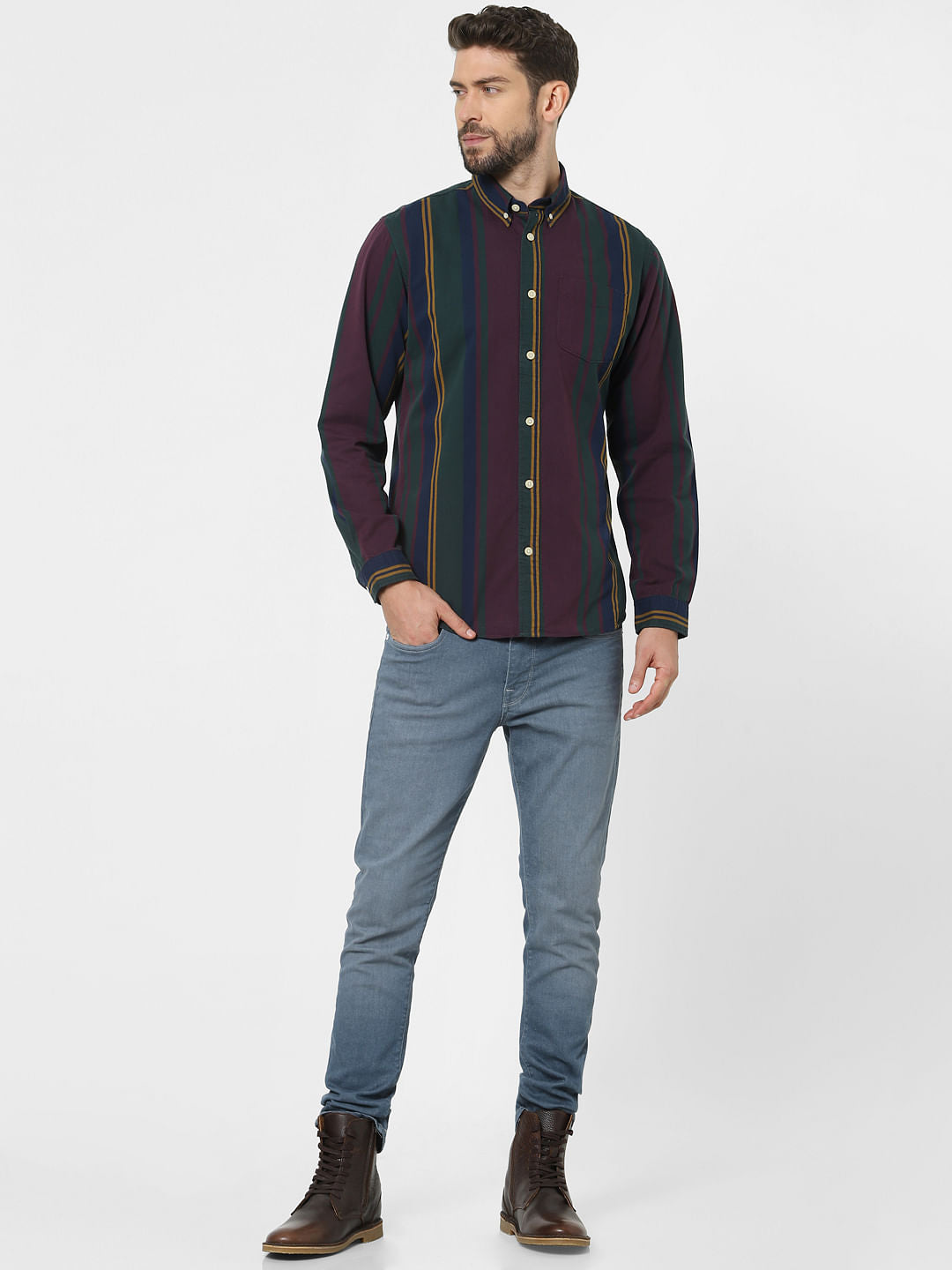 Maroon Striped Full Sleeves Shirt