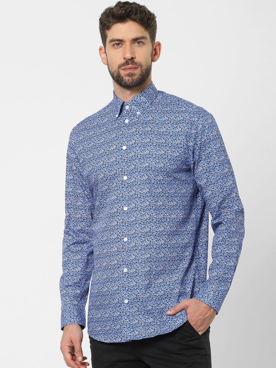 Blue Printed Organic Cotton Full Sleeves Shirt