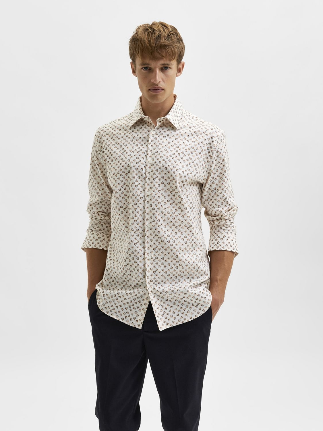 White Floral Printed Organic Cotton Full Sleeves Shirt