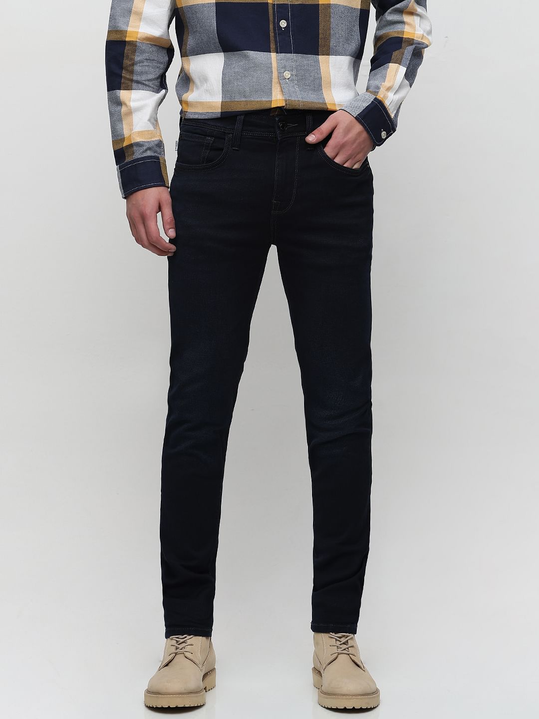 Dark Blue Mid Rise Leon Slim Fit Jeans