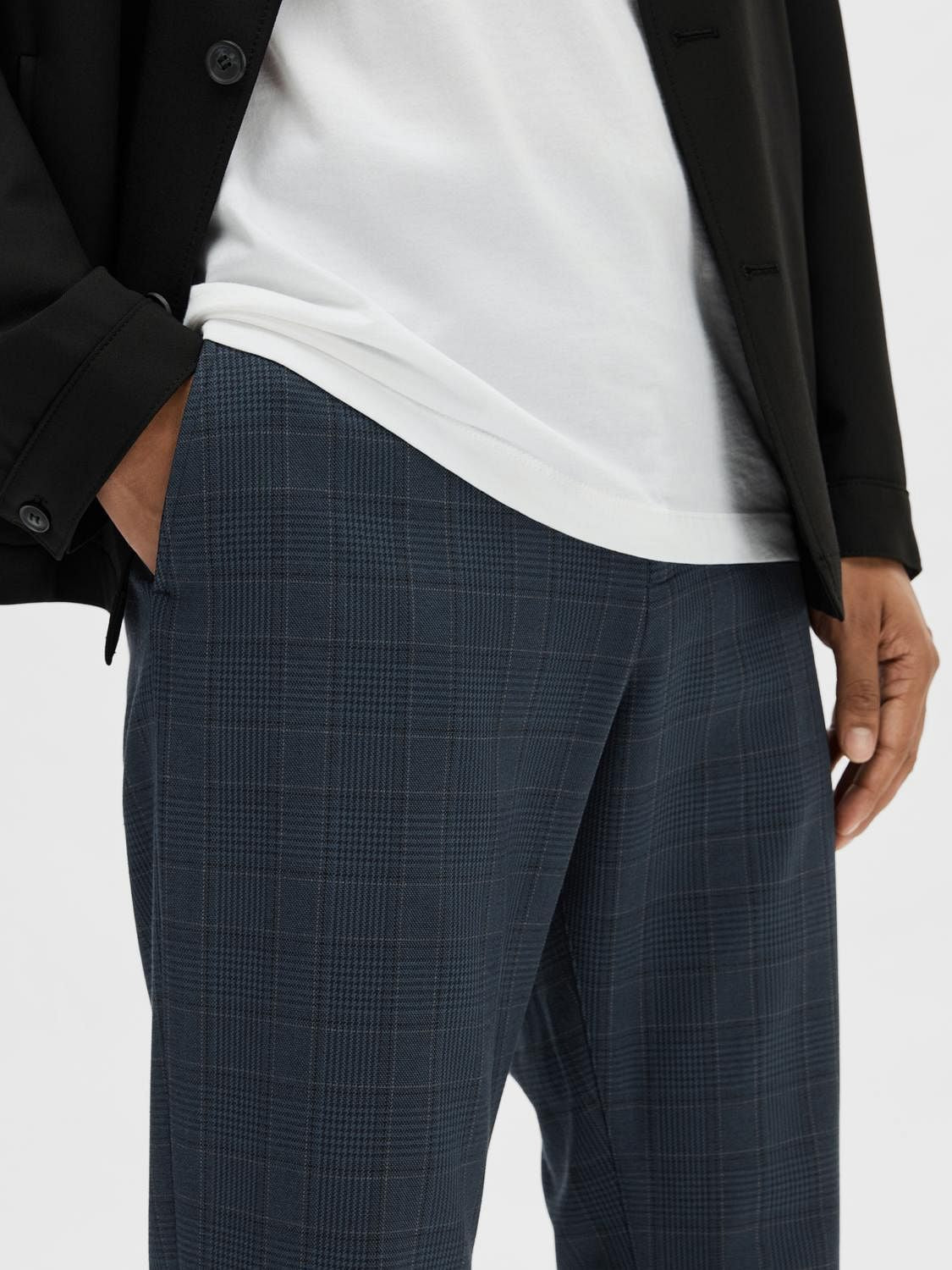 Blue Mid Rise Check Slim Pants