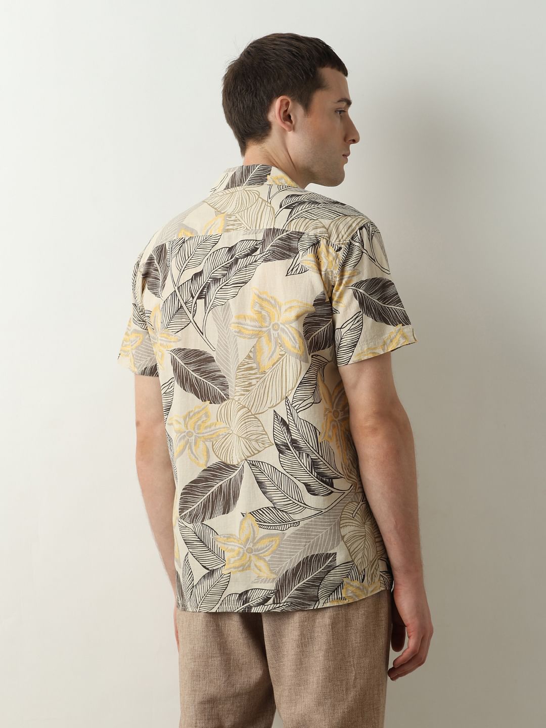 Beige Printed Cuban Collar Short Sleeves Shirt