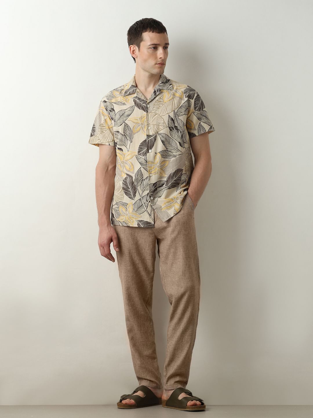 Beige Printed Cuban Collar Short Sleeves Shirt