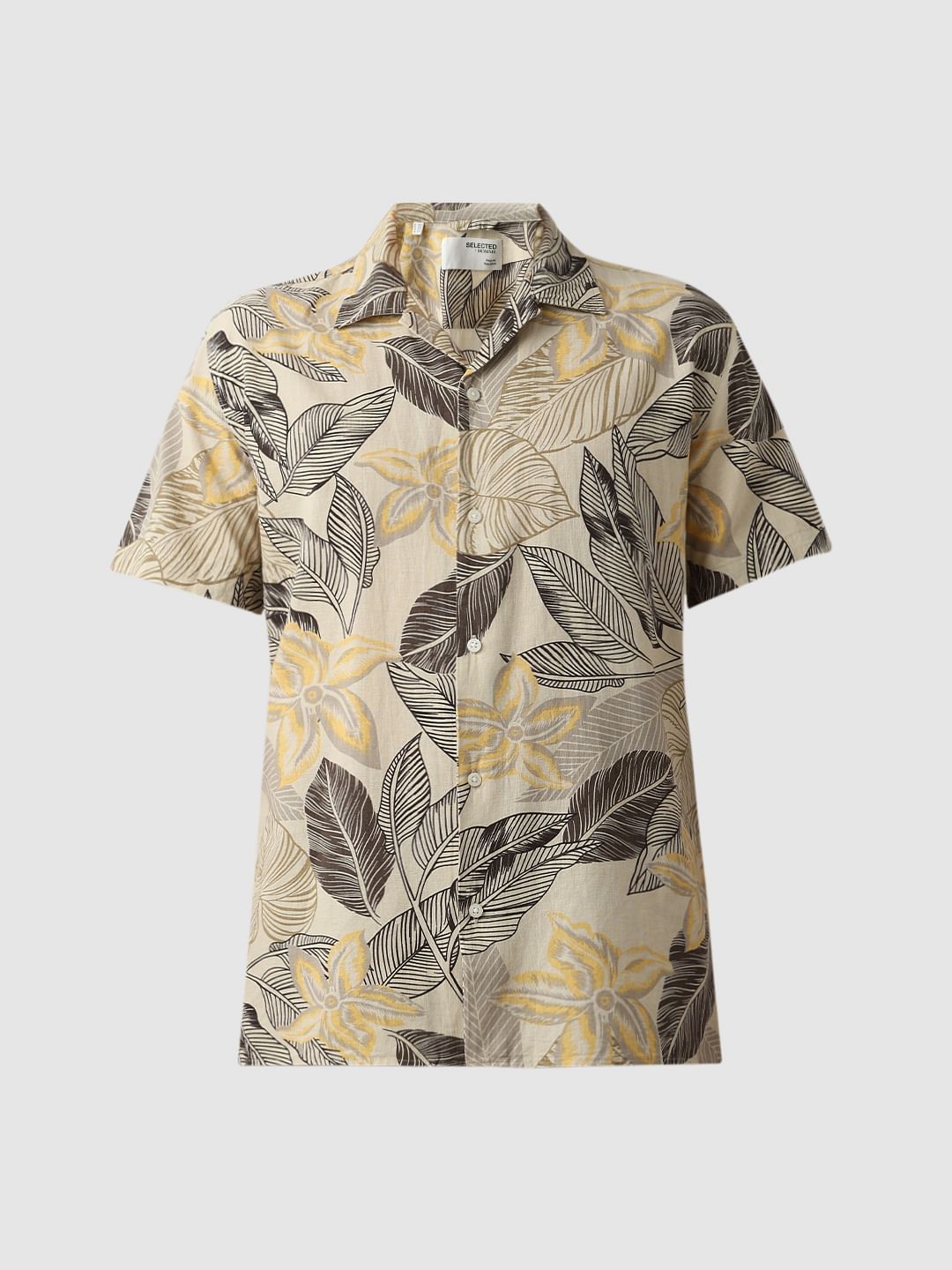 Beige Printed Cuban Collar Short Sleeves Shirt