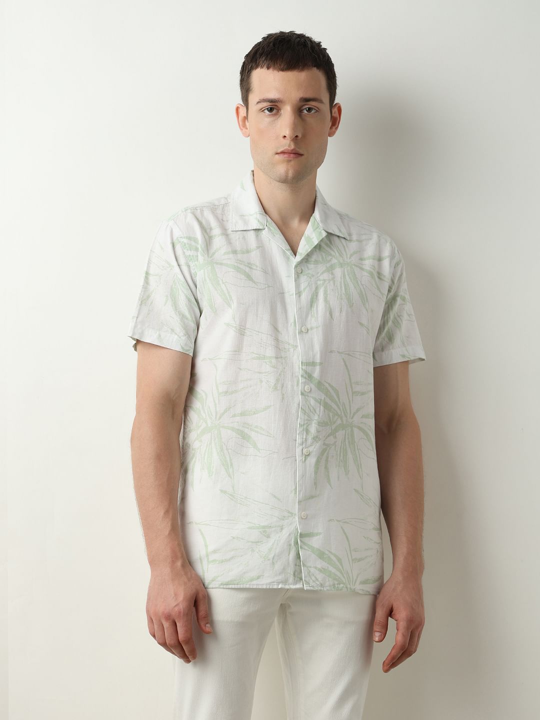 Green Printed Cuban Collar Short Sleeves Shirt