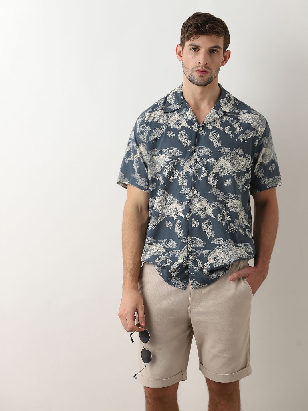 Dark Grey Printed Cuban Collar Shirt