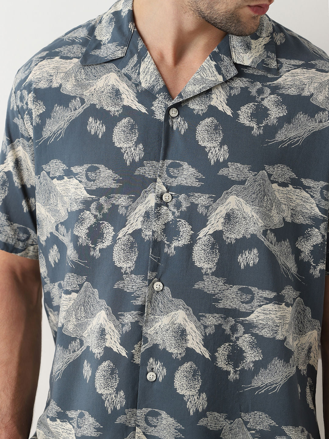 Dark Grey Printed Cuban Collar Shirt