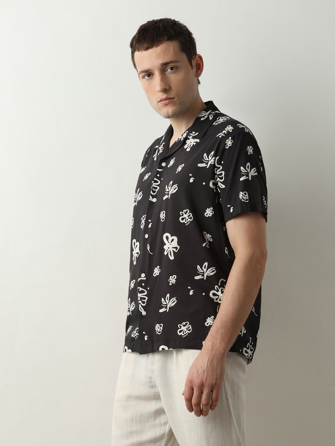 Black Printed Cuban Collar Short Sleeves Shirt