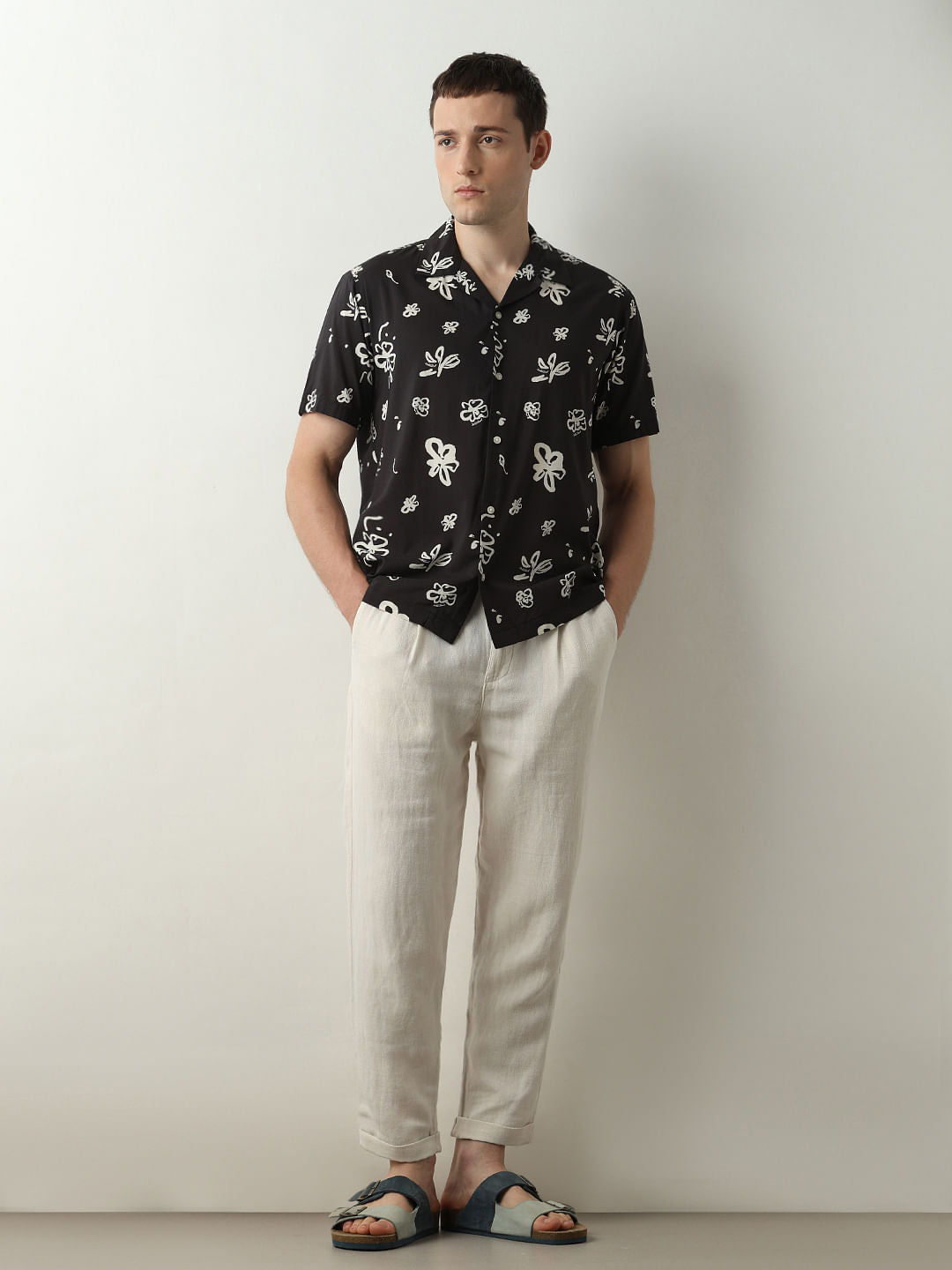 Black Printed Cuban Collar Short Sleeves Shirt