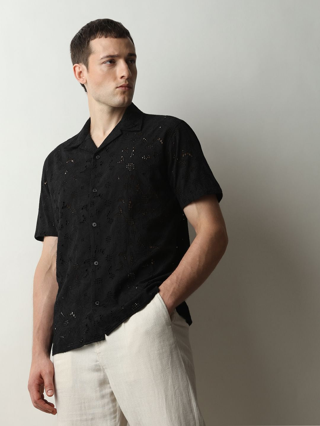 Black Broderie Detail Cuban Collar Shirt