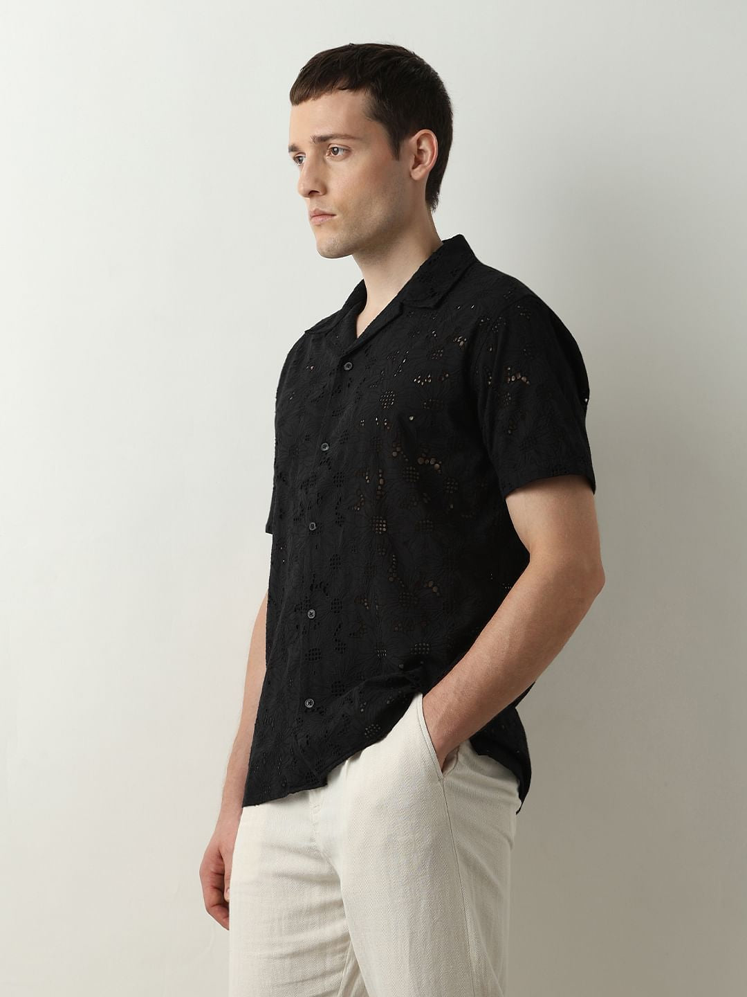 Black Broderie Detail Cuban Collar Shirt