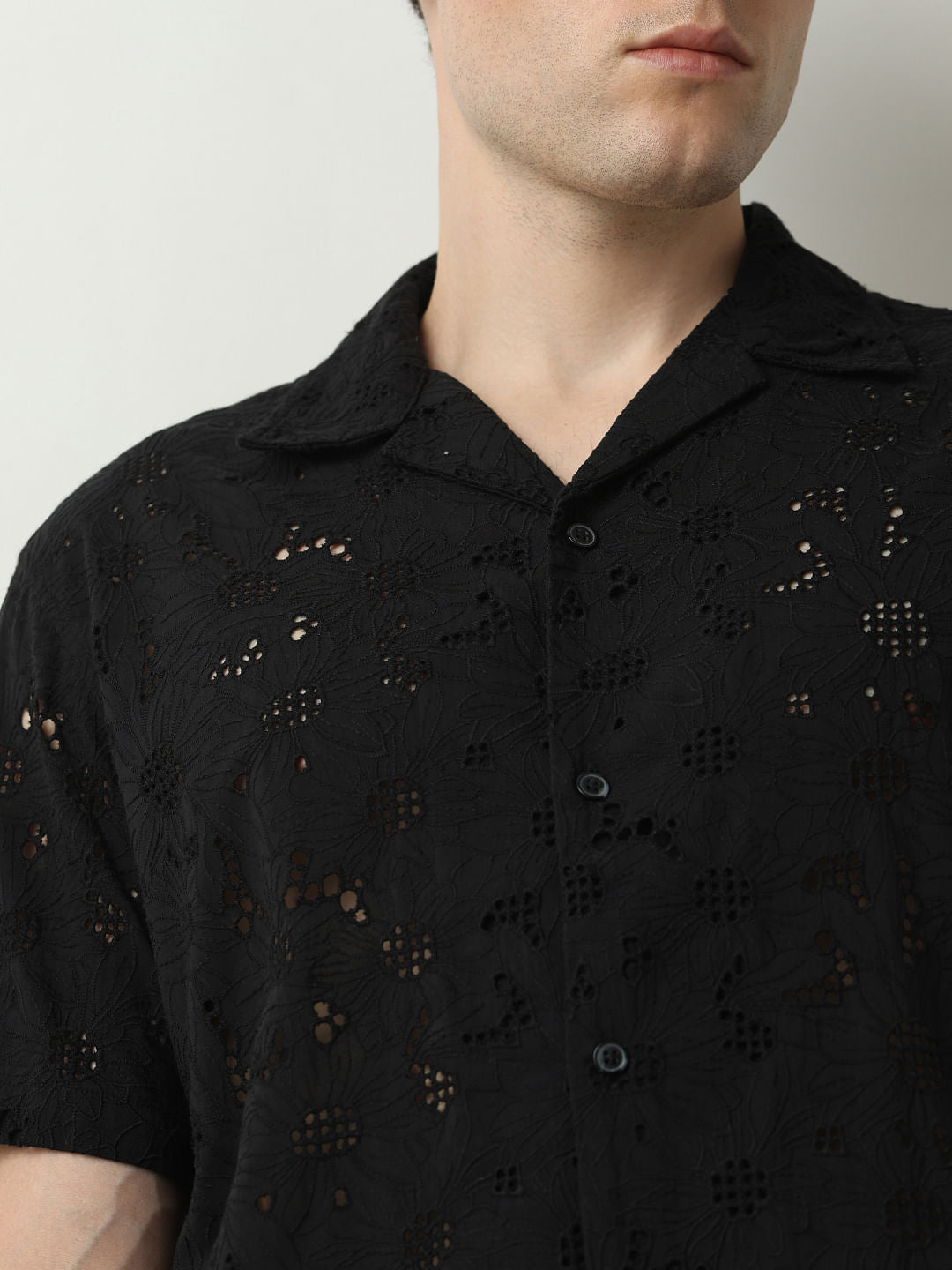Black Broderie Detail Cuban Collar Shirt
