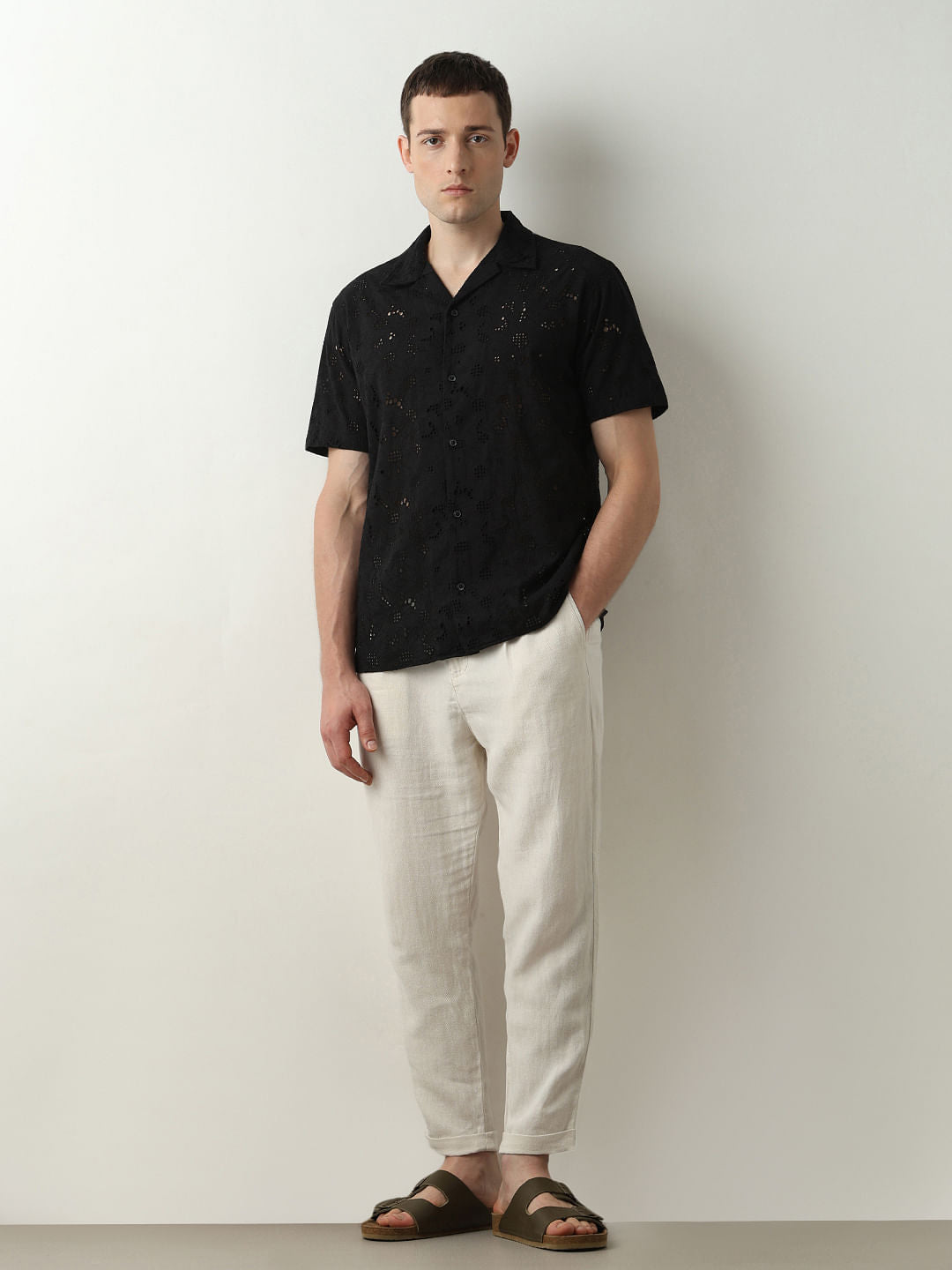 Black Broderie Detail Cuban Collar Shirt