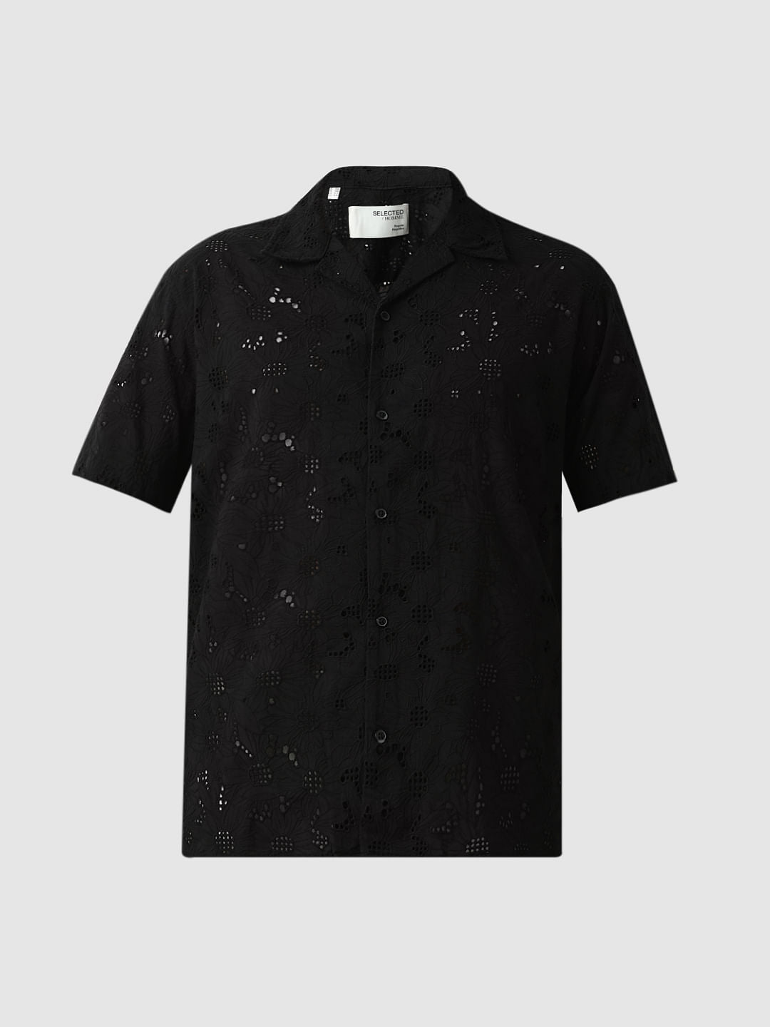 Black Broderie Detail Cuban Collar Shirt