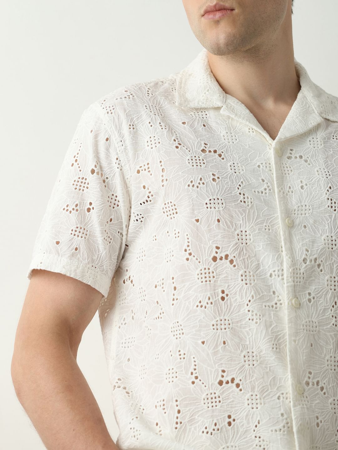 Off-White Broderie Detail Cuban Collar Shirt