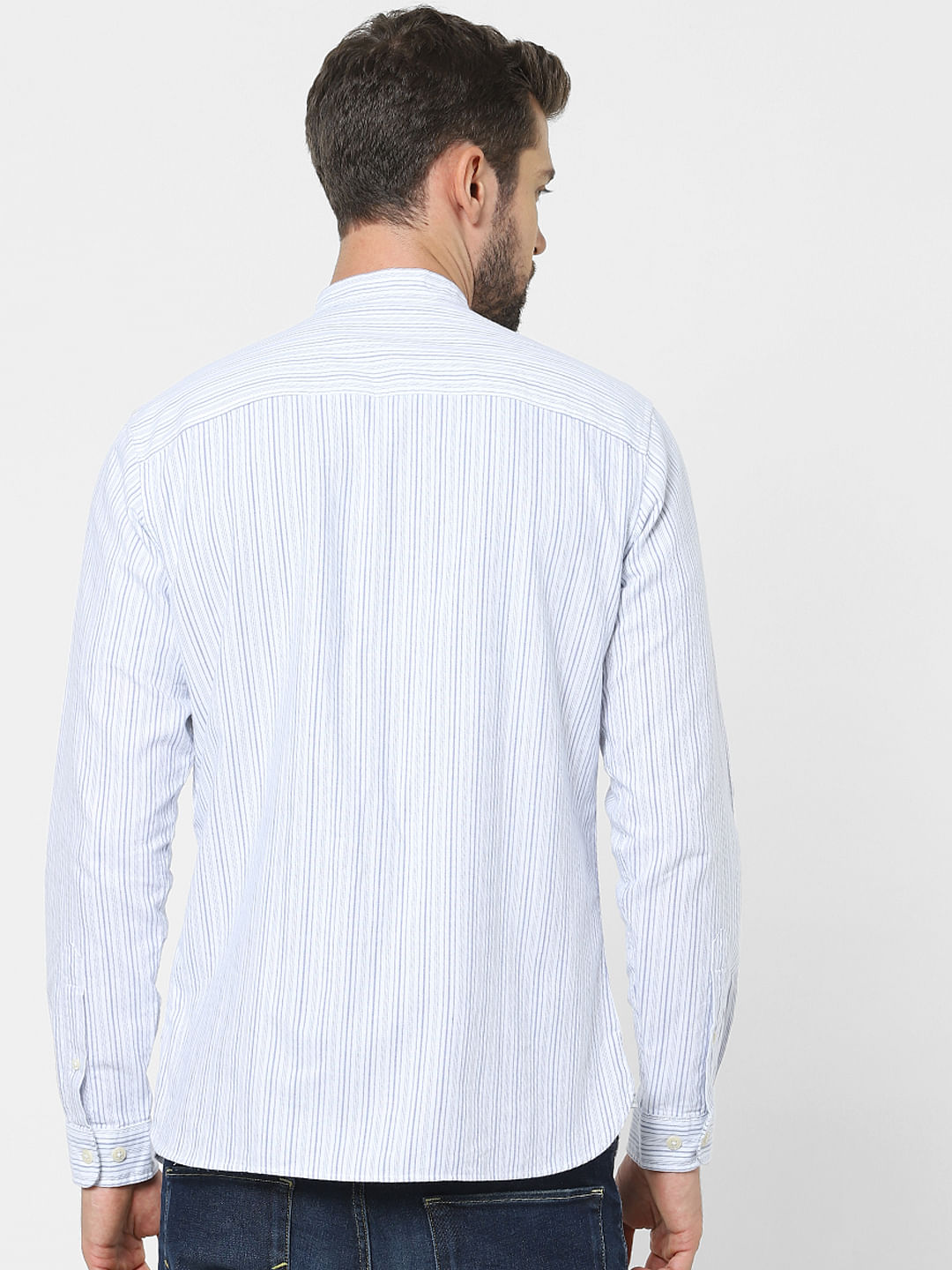 Blue Striped Mandarin Collar Shirt