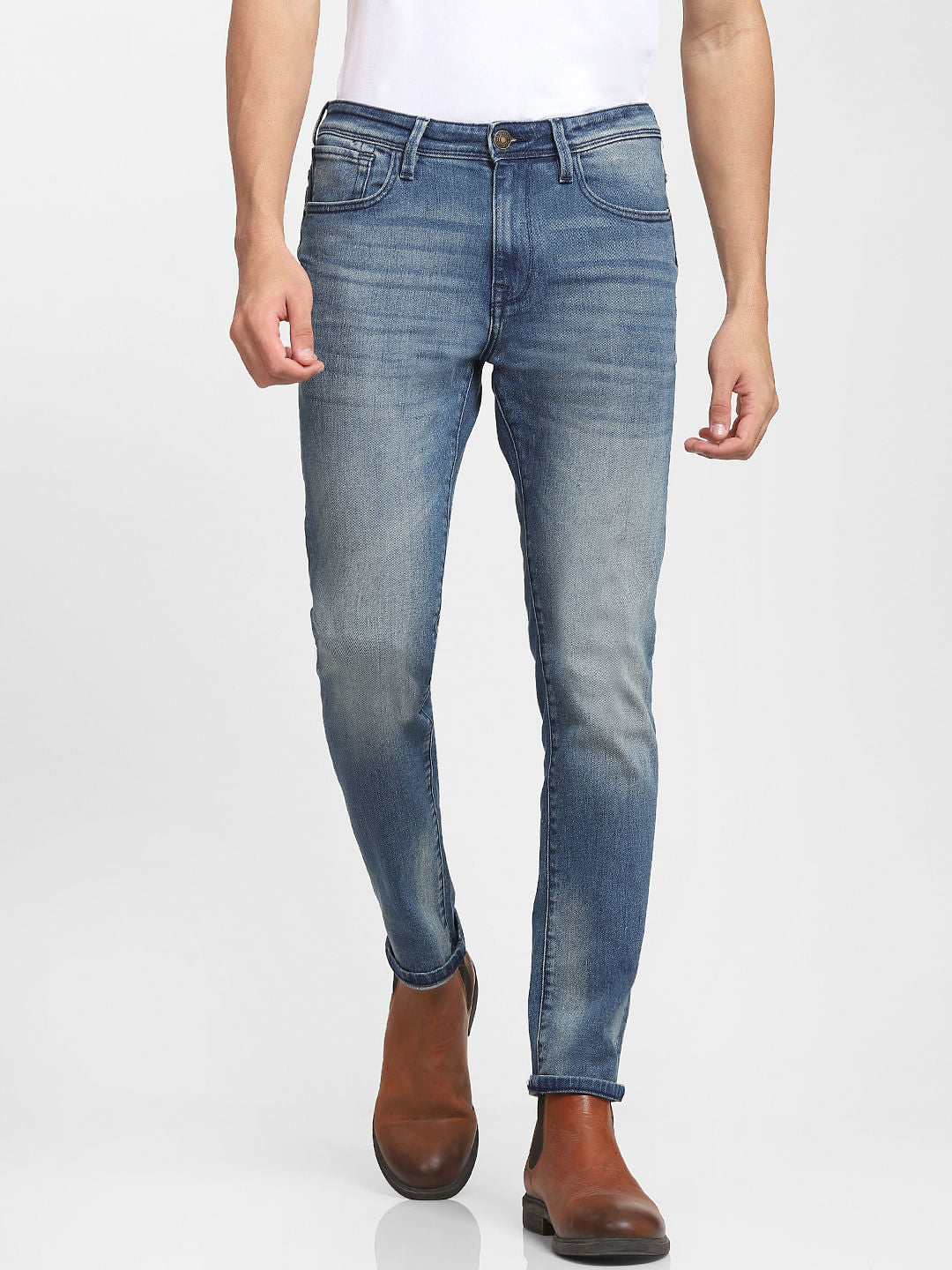 Blue Mid Rise Leon Slim Fit Jeans