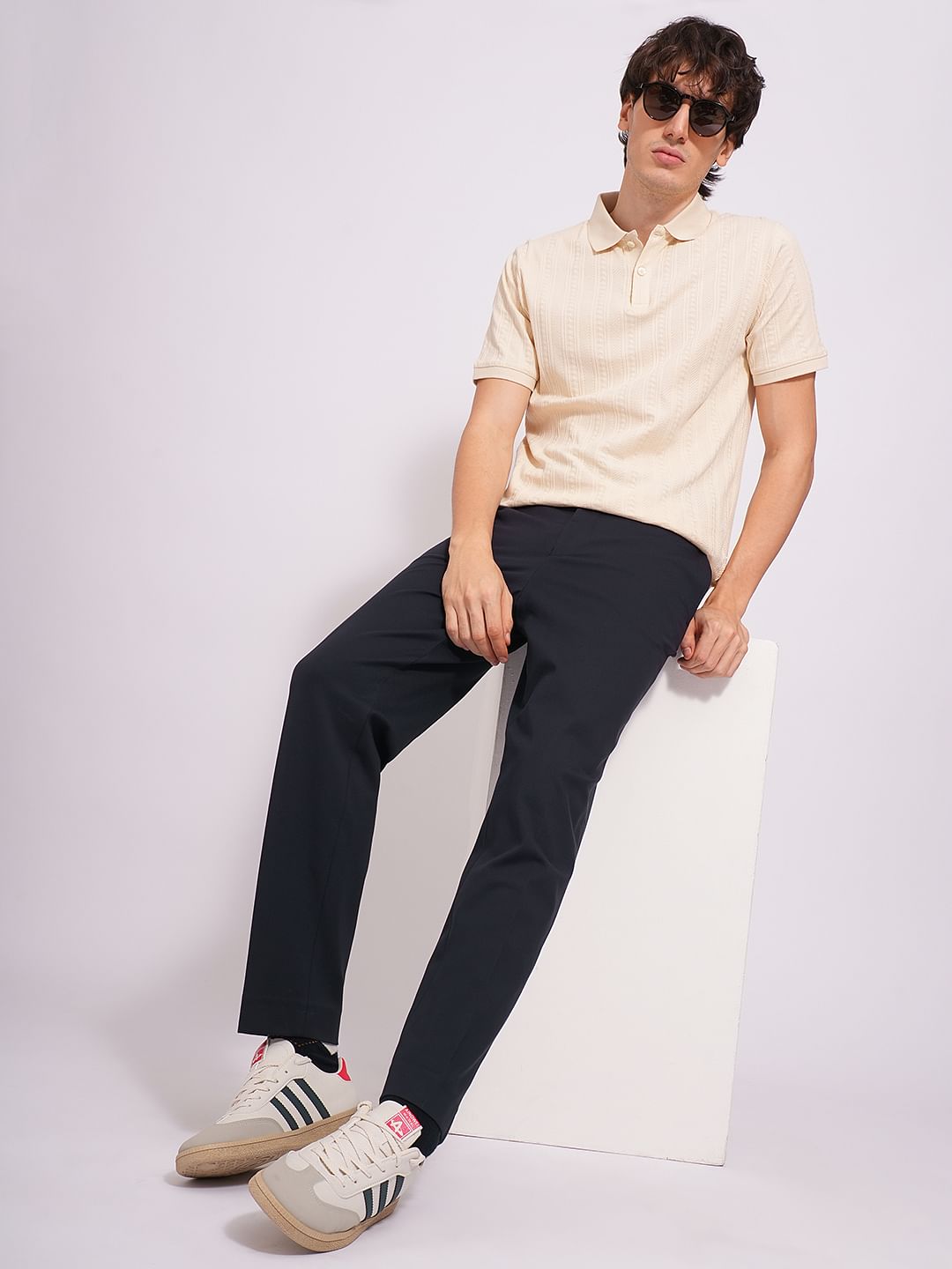 Navy Blue Nylon Blend Tailored Trousers