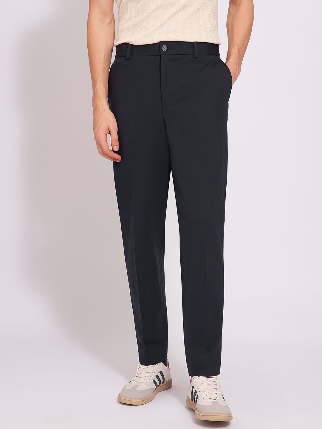 Navy Blue Nylon Blend Tailored Trousers