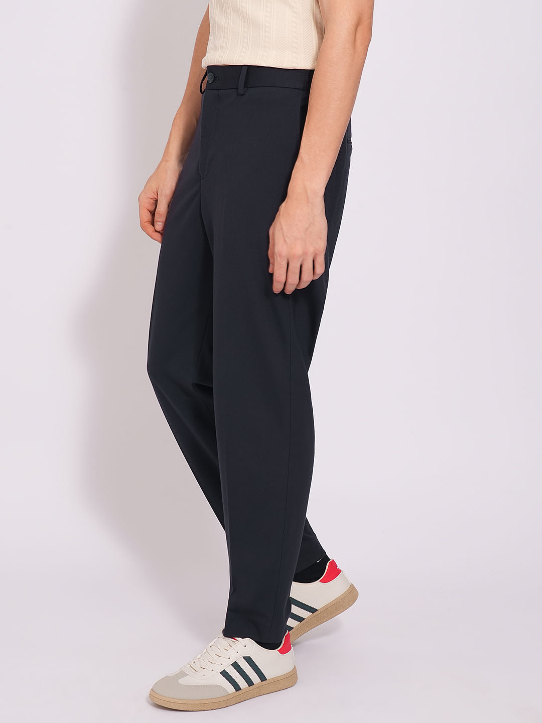 Navy Blue Nylon Blend Tailored Trousers