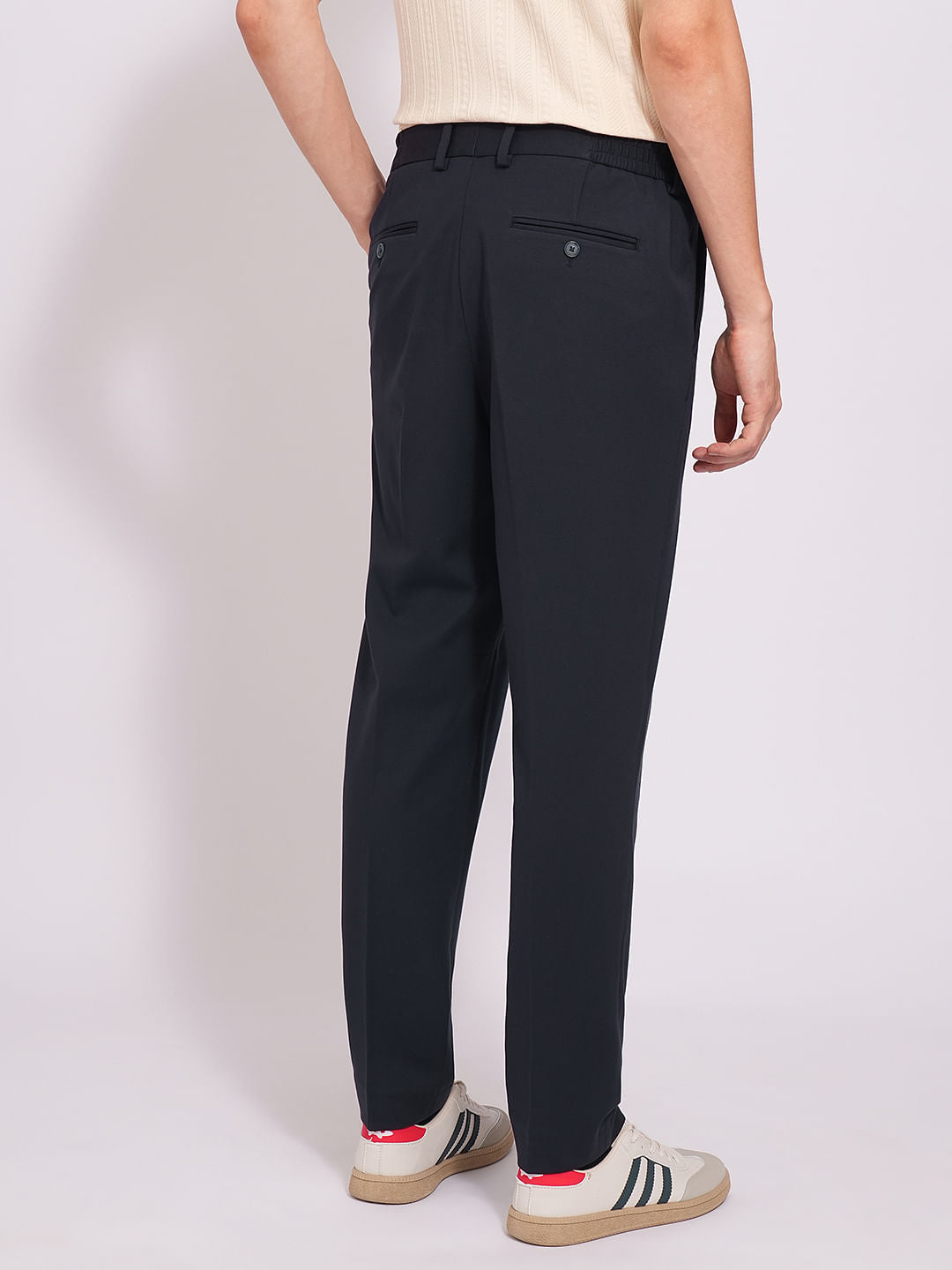 Navy Blue Nylon Blend Tailored Trousers