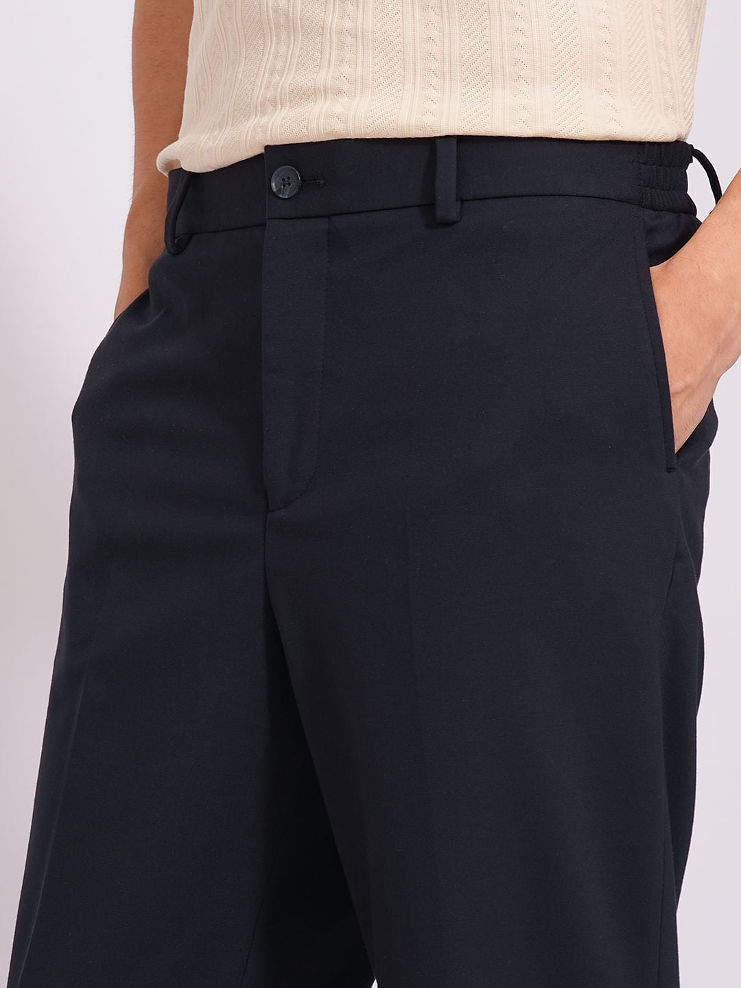 Navy Blue Nylon Blend Tailored Trousers