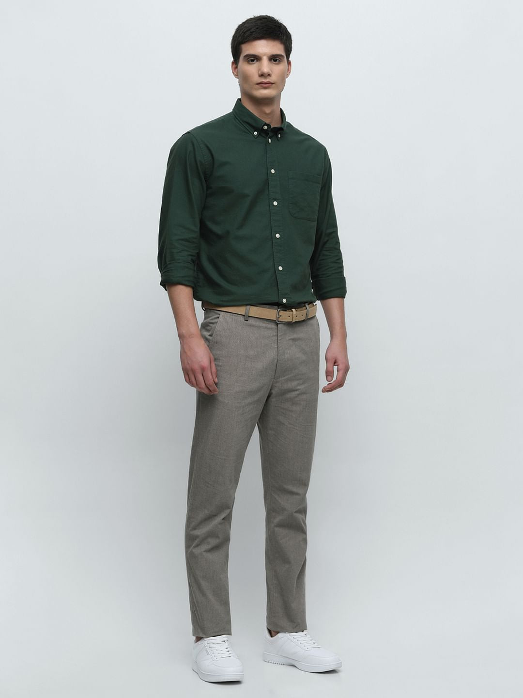 Beige Mid Rise Slim Fit Pants