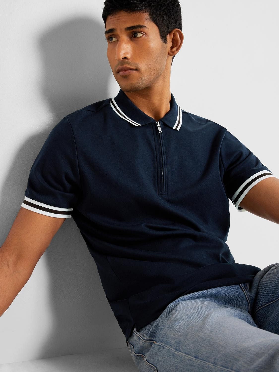 Blue Cotton Zipped Polo T-shirt