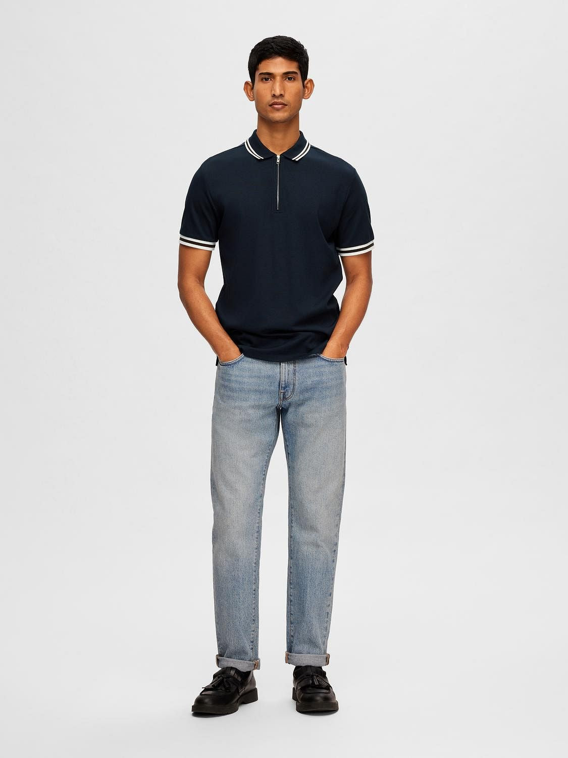 Blue Cotton Zipped Polo T-shirt