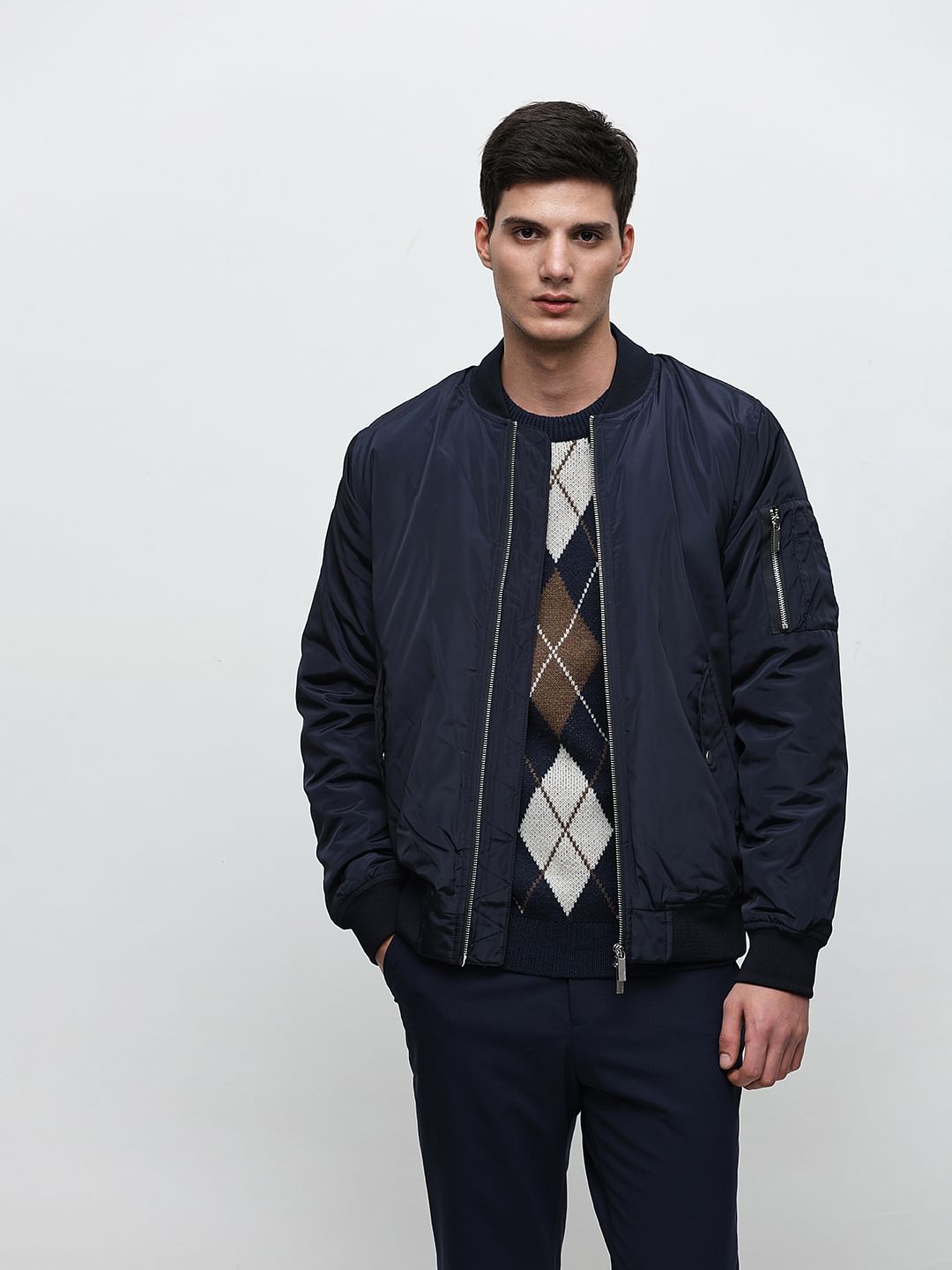 Blue Knitted Argyle Pullover