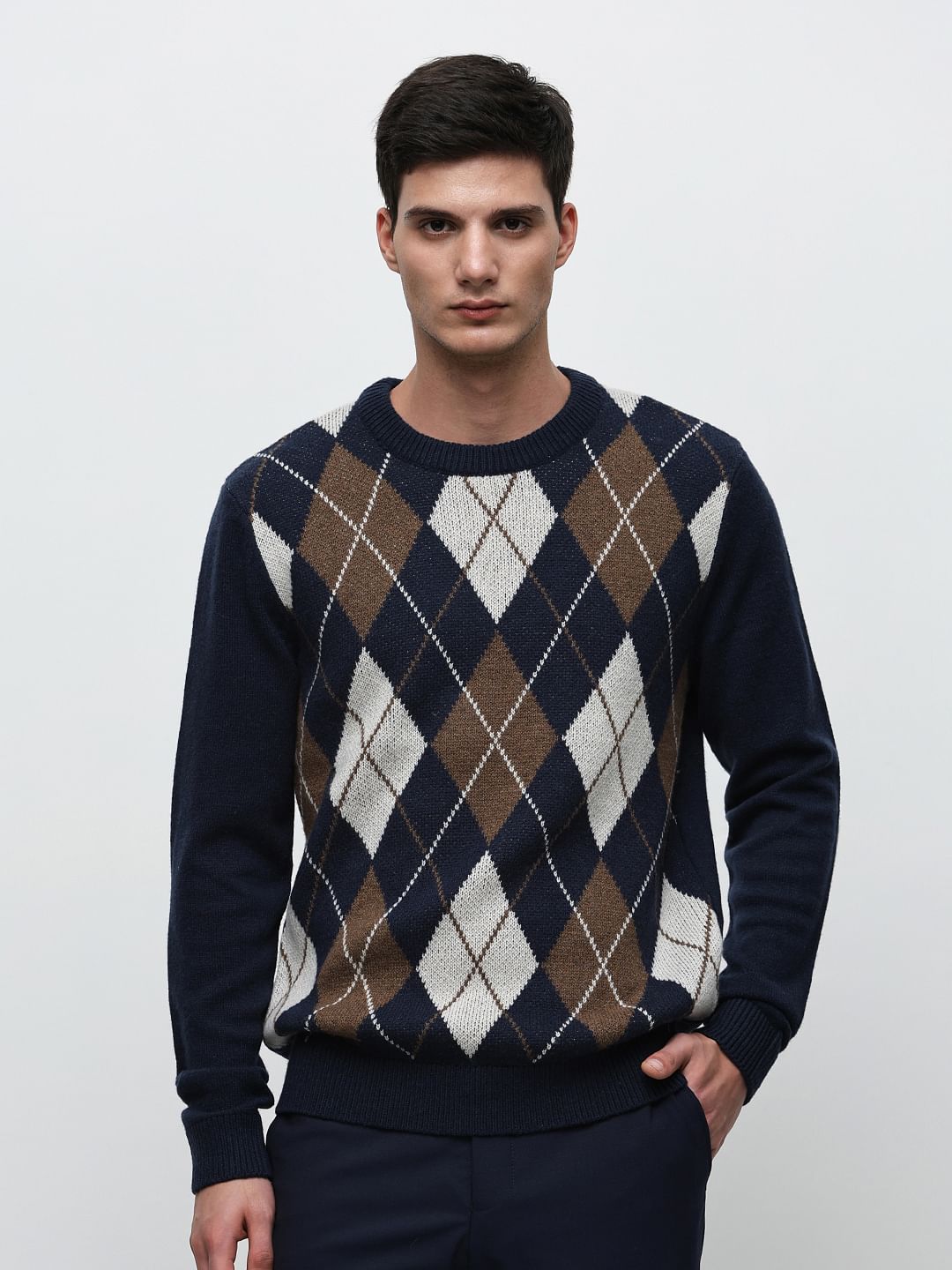 Blue Knitted Argyle Pullover