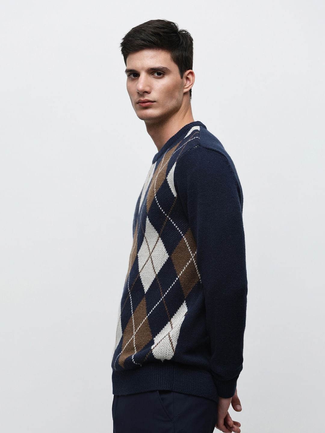 Blue Knitted Argyle Pullover