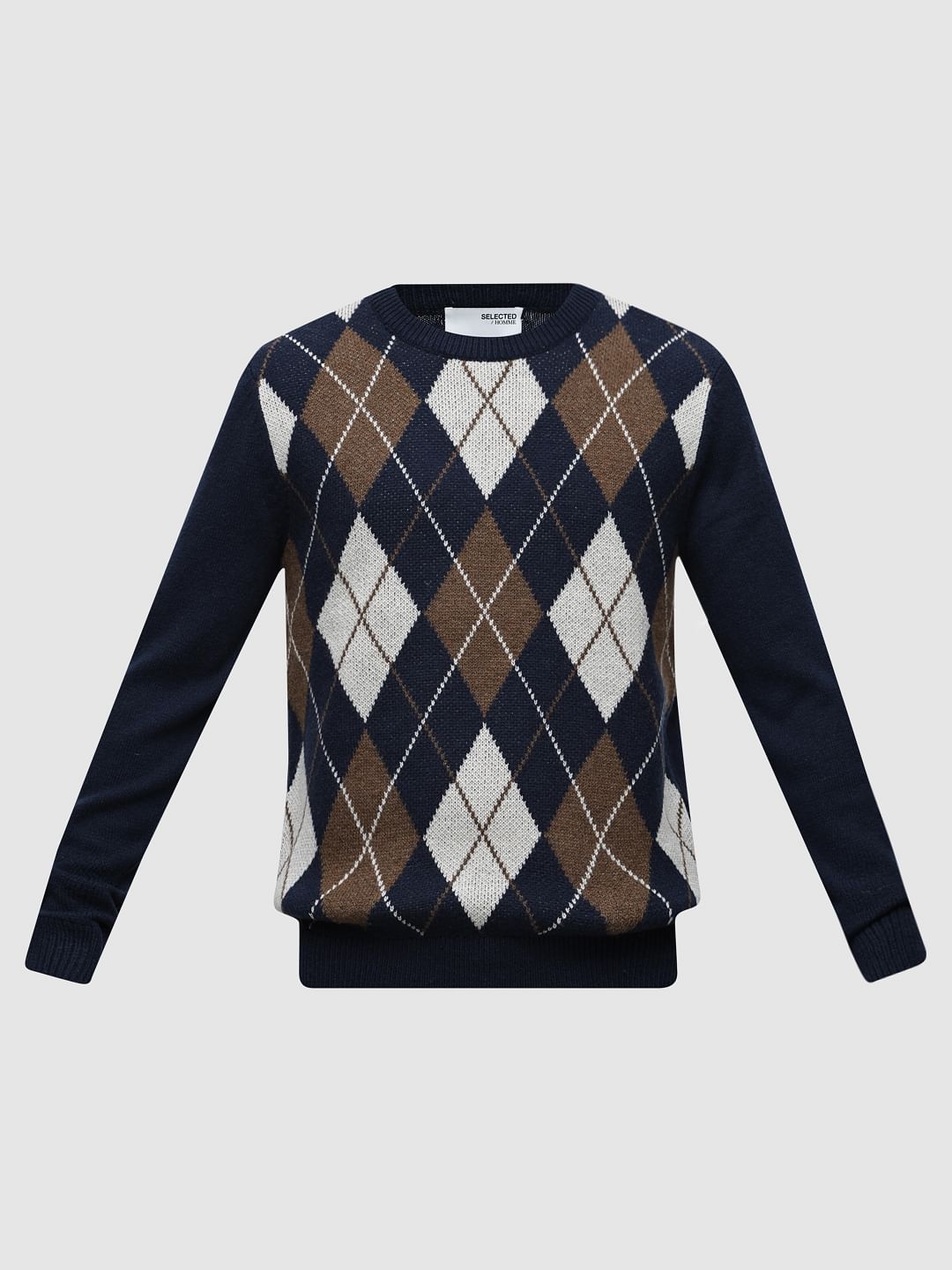 Blue Knitted Argyle Pullover