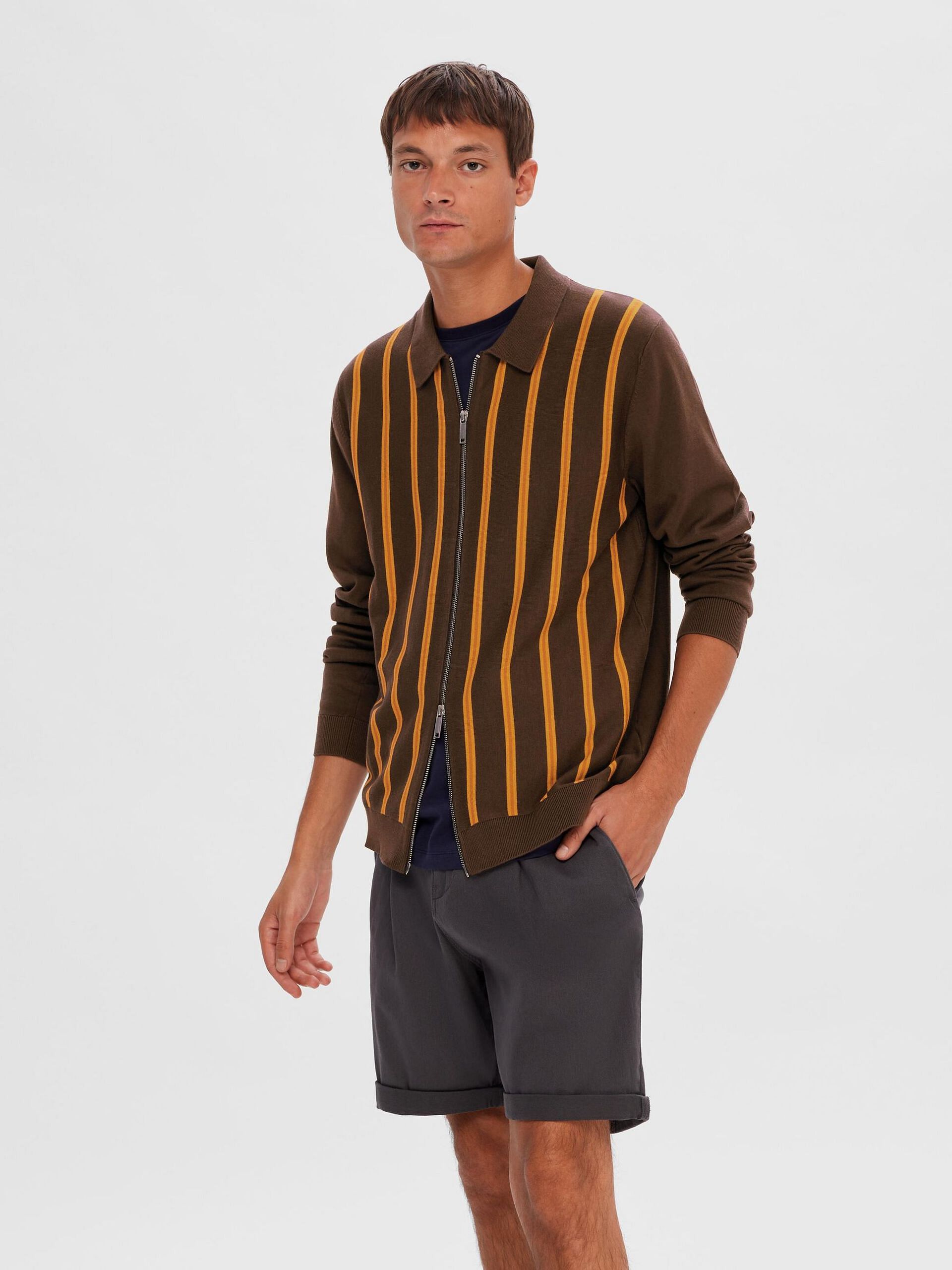 Brown Striped Zip-Up Cardigan