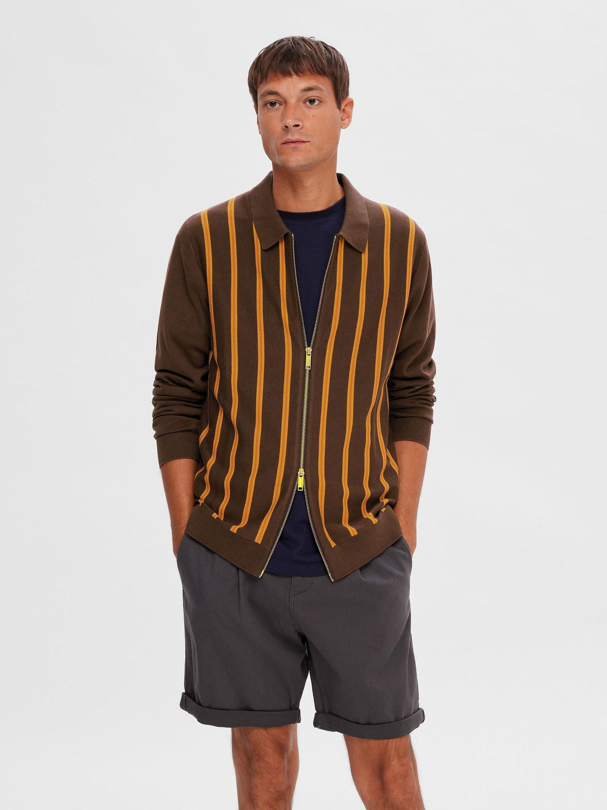 Buy Brown Striped Zip-Up Cardigan for Men Online