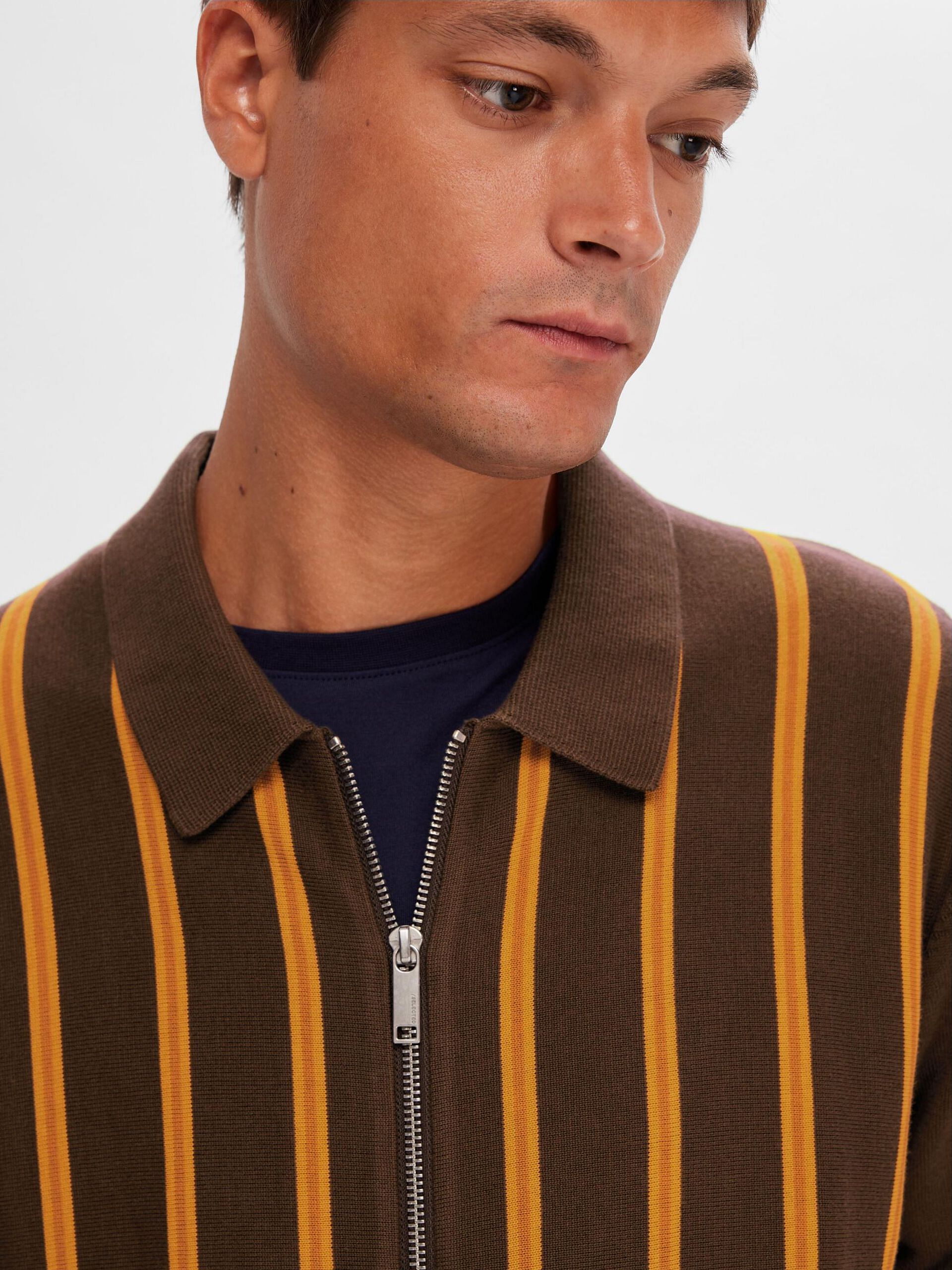 Brown Striped Zip-Up Cardigan