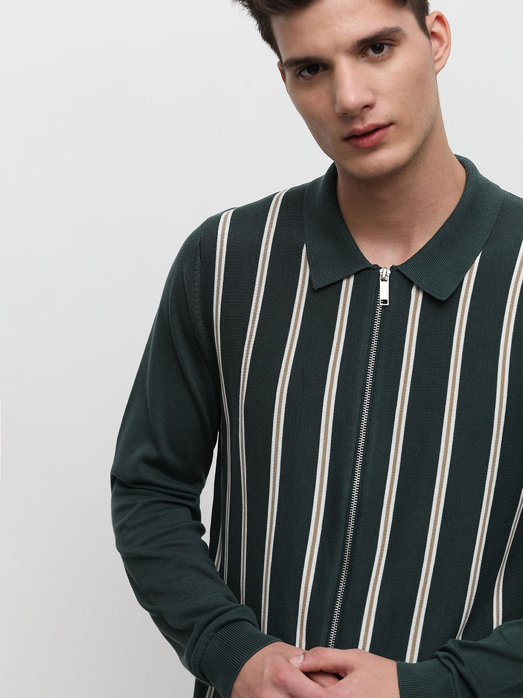 Green Striped Zipped Cardigan