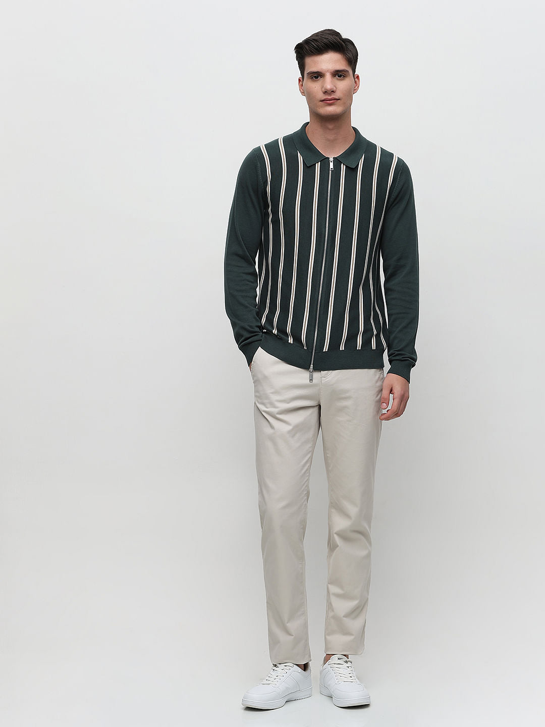 Green Striped Zipped Cardigan