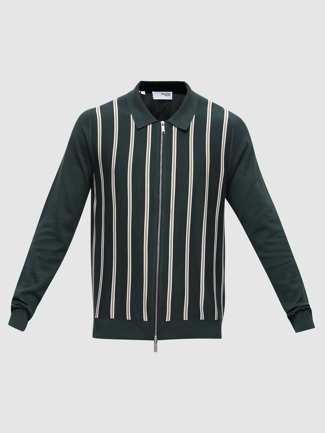 Green Striped Zipped Cardigan