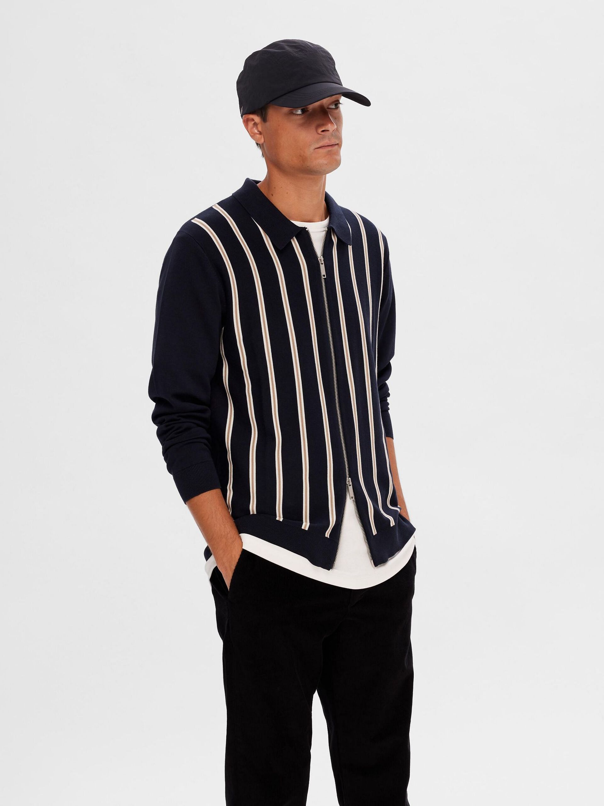 Blue Striped Zip-Up Cardigan