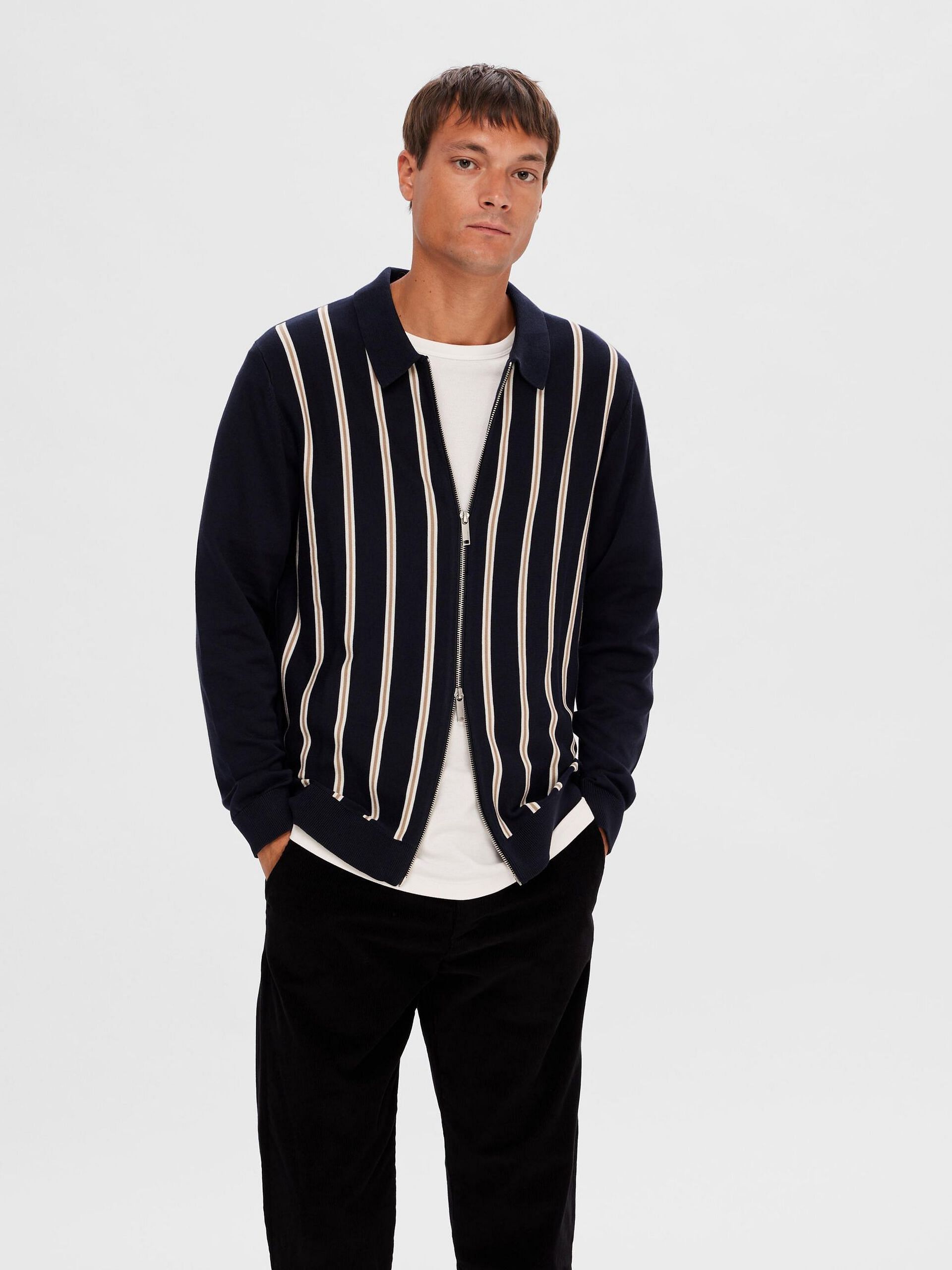 Blue Striped Zip-Up Cardigan