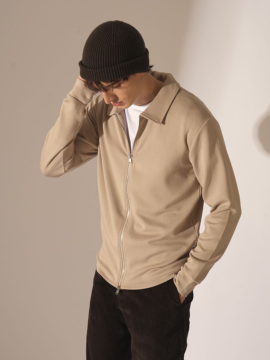 Beige Zipped Cardigan