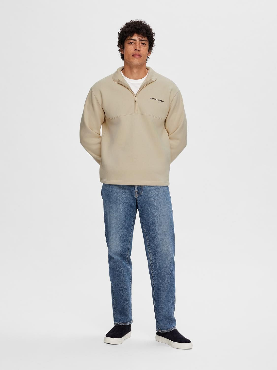 Beige High Neck Zip Sweatshirt