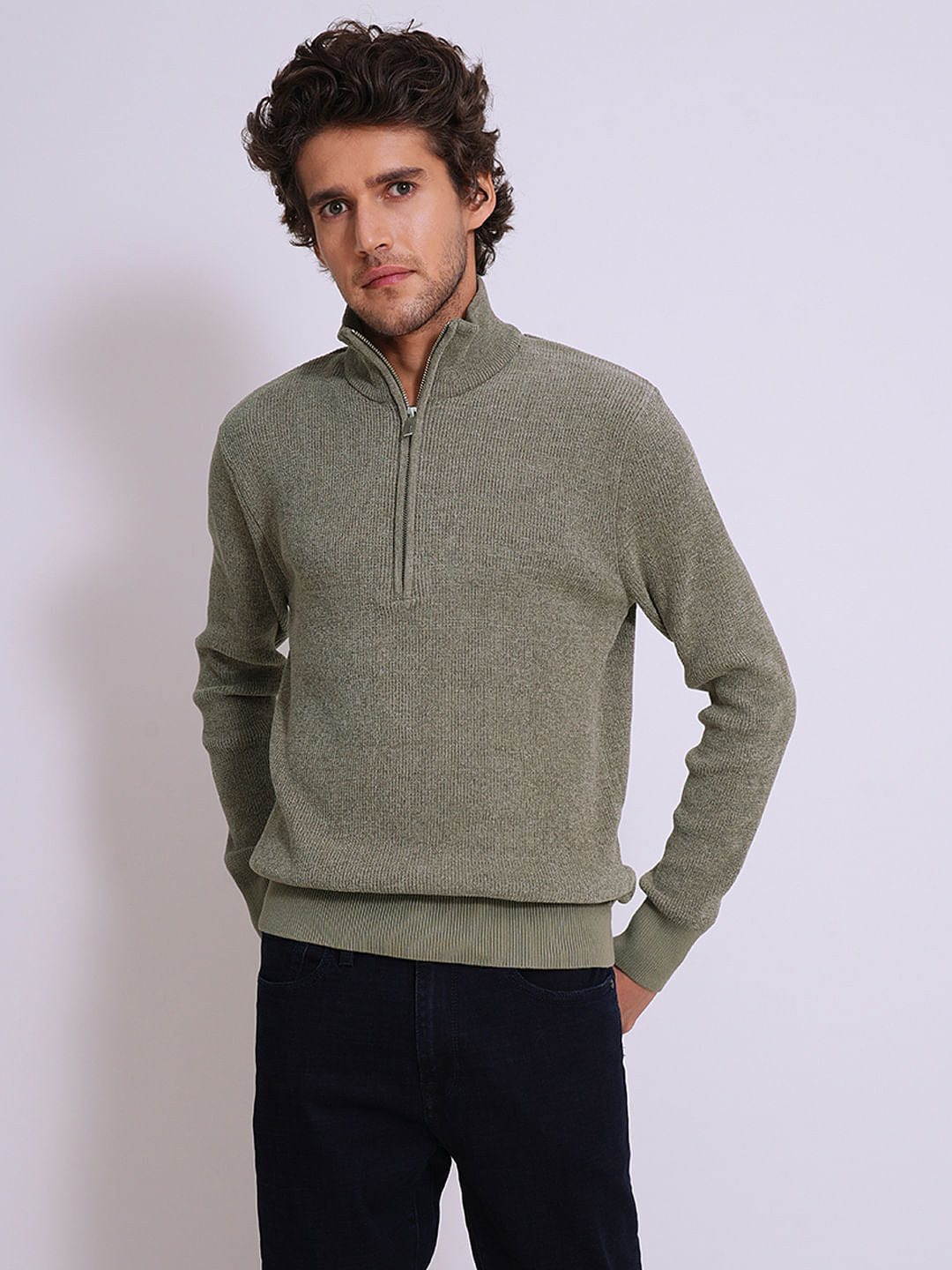 Buy Green High Neck Zip Pullover for Men Online