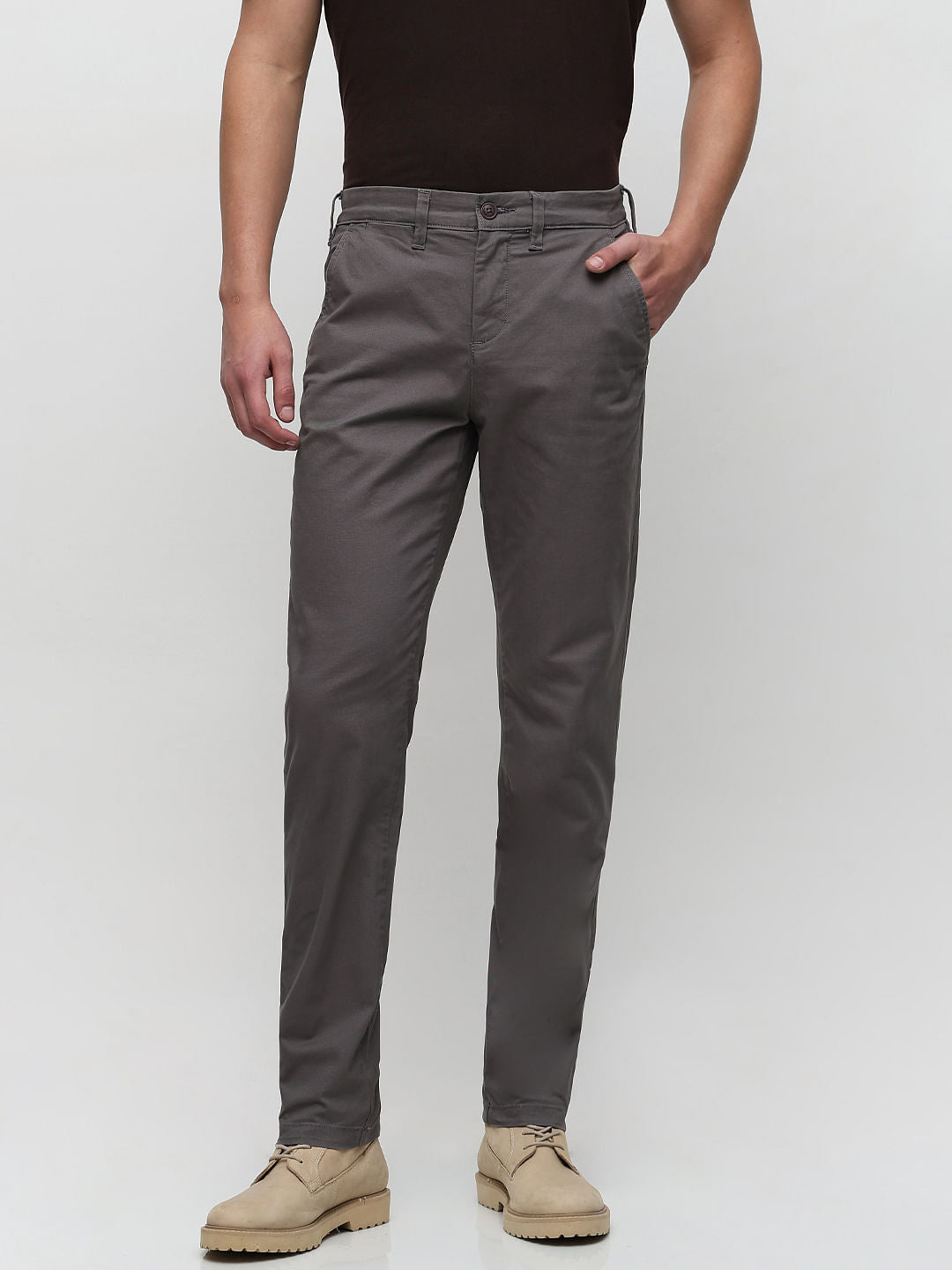 Grey Mid Rise Slim Fit Pants
