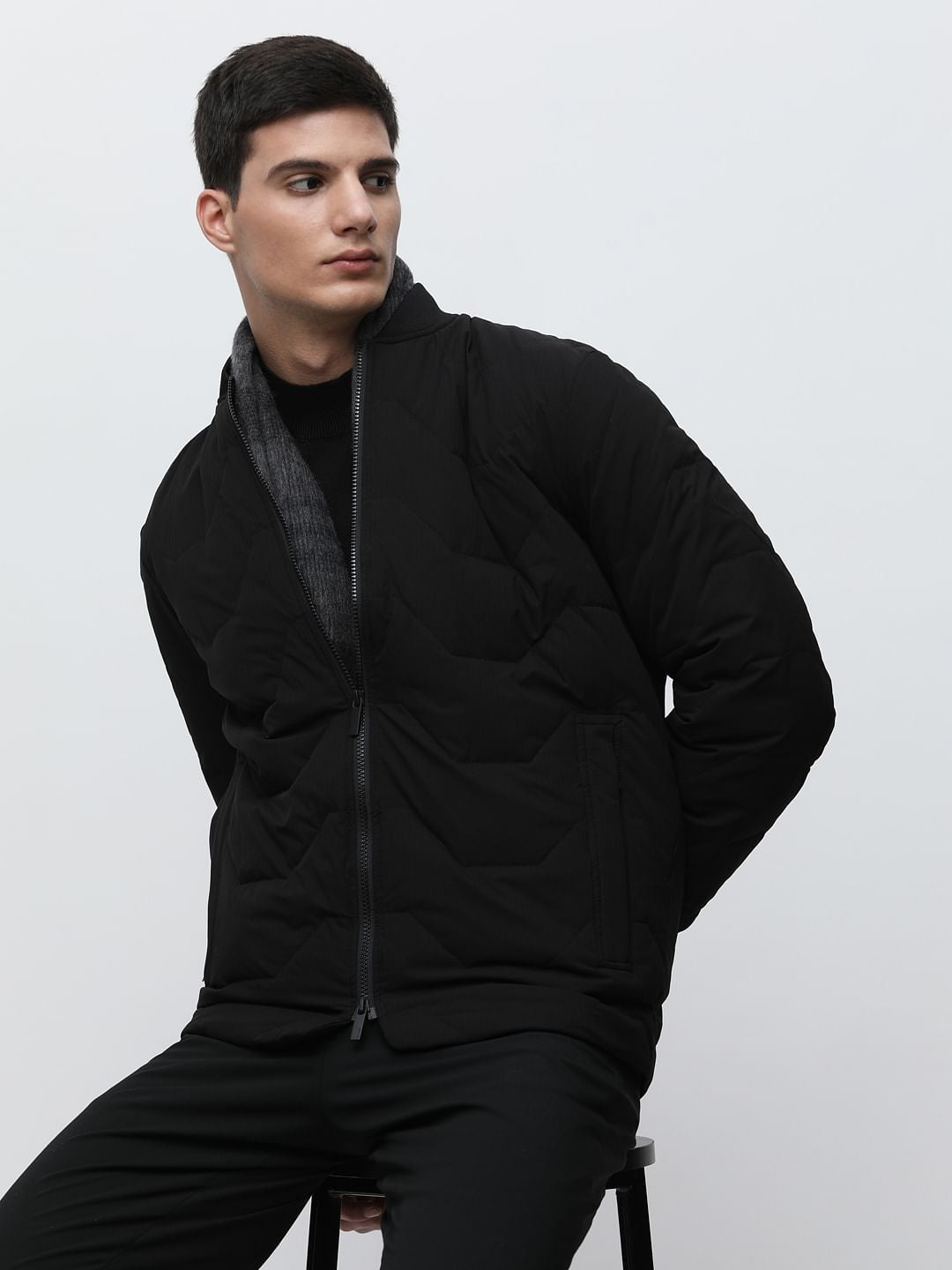 Black Quilted Redown Bomber Jacket