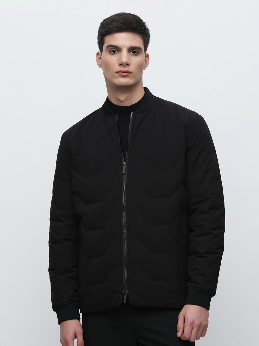 Black Quilted Redown Bomber Jacket