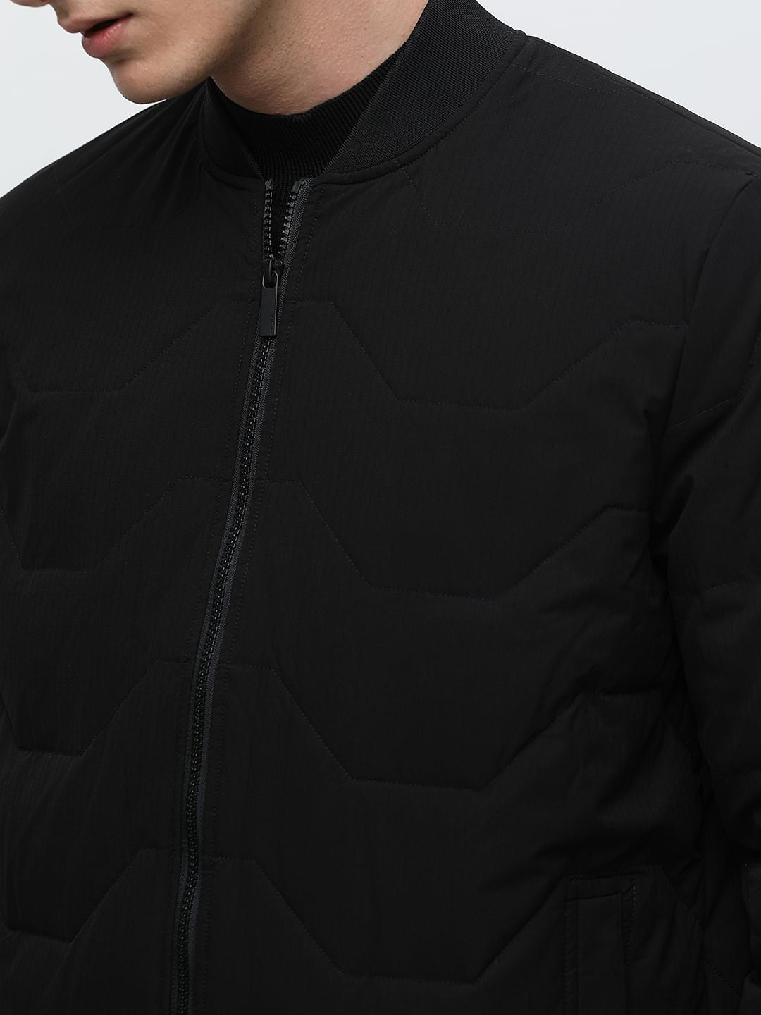 Black Quilted Redown Bomber Jacket