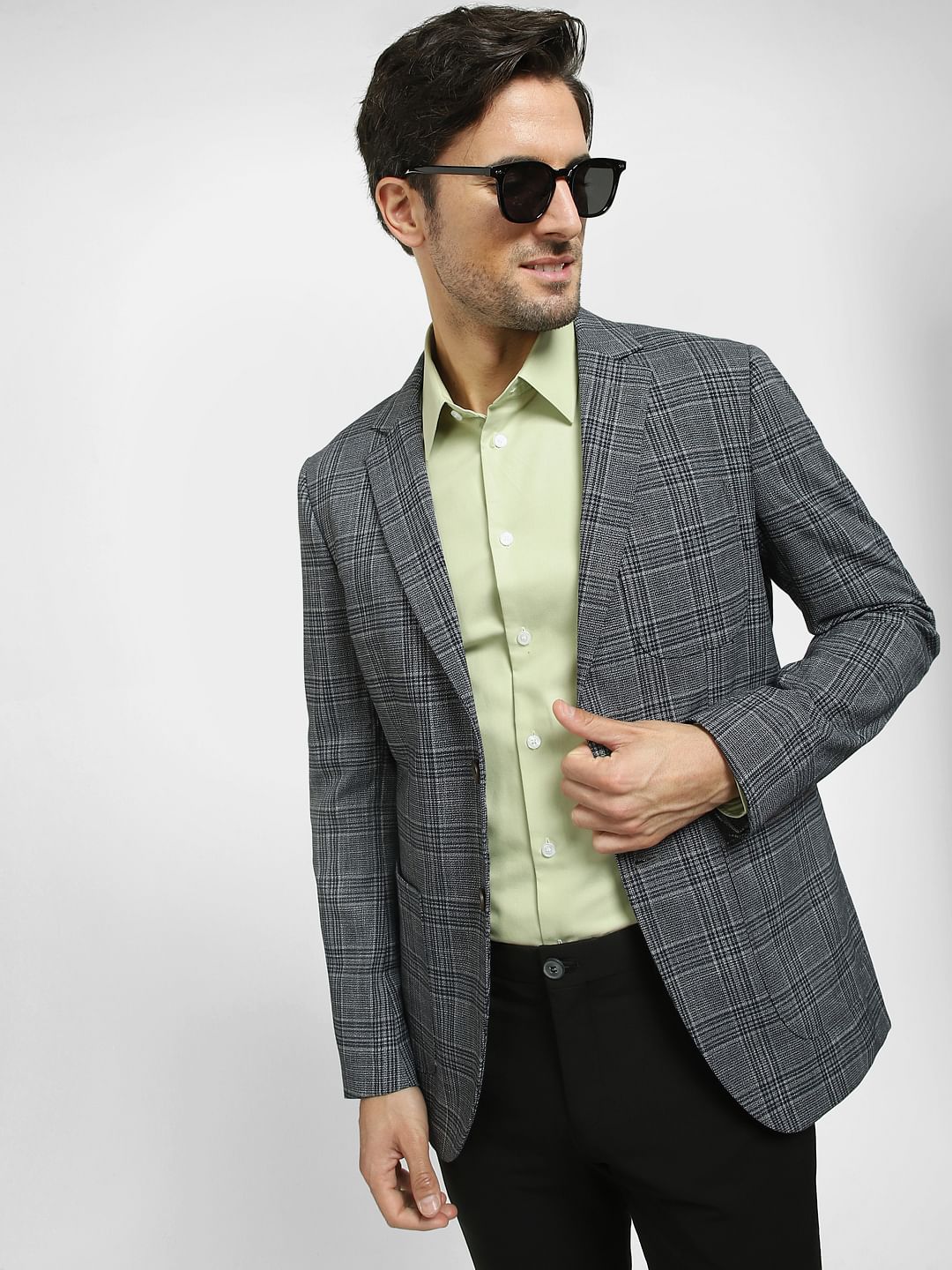 Navy Blue Check Print Blazer